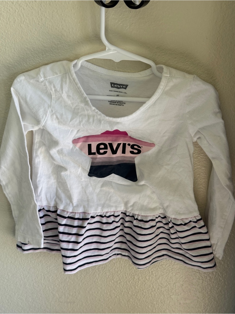 Levi's White Long Sleeve Top with Pink & Navy Star and Striped Ruffle
